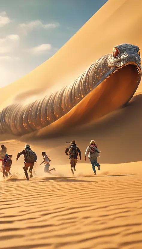 a giant sand worm chasing a group of people fleeing in the desert, extremely detailed, highly detailed, hyper realistic, 8k, pho...