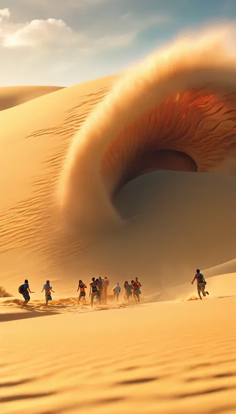 a giant sand worm chasing a group of people fleeing in the desert, extremely detailed, highly detailed, hyper realistic, 8k, pho...