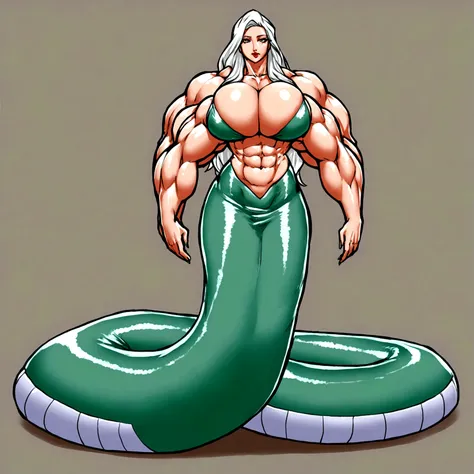 Lamia, long white hair, gigantic muscle, erect penis, big breasts, 4 arms, full body.