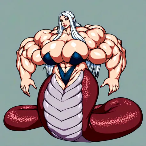 Lamia, long white hair, gigantic muscle, erect penis, big breasts, 4 arms, full body.