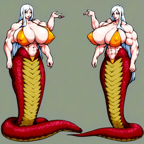 Lamia, long white hair, gigantic muscle, erect penis, big breasts, 4 arms, full body.