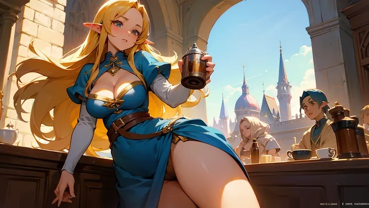 Anime Style,Nostalgic,Detailed background,The medieval world,A lively coffee shop with lots of people,Beautiful sky,Beautiful bard elf girl holding coffee,Big cleavage,Healthy thighs,Protruding buttocks