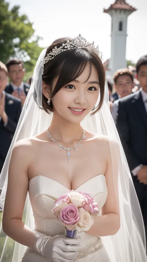 (Highest quality,masterpiece:1.3,Ultra-high resolution),(Very detailed,8K),(Realistic:1.4,RAW shooting)。Blurred Background、The best smile。Short hairstyle。 and cute woman、She is completely naked。(Nipples are visible)。(Pubic hair is visible)。Wedding Veil。Wed...