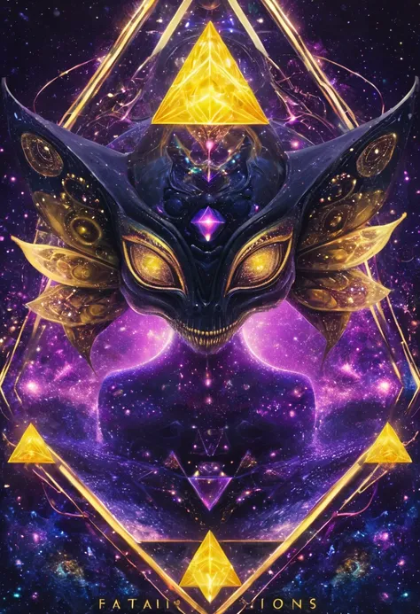 a hyperdetailed of head figure with cloak and crown, alien eyes with cosmic features, fractal ears, sparkling eye inside mouth, tongue fractal hexagons, skin overlaid by many difference shapes and size like (square, triangle, etc, creative shapes), in morp...