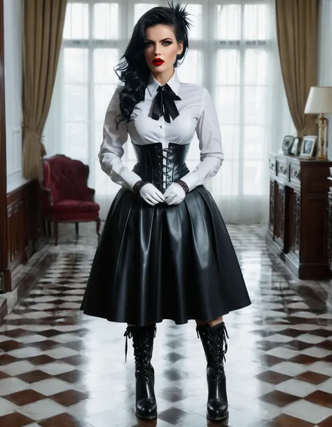 A cinematic image, Amazing maid model, a black very magnificent hairstyle, a black leather corset, a white office shirt collar, eyeliner makeup, a black long leather skirt, in high lace-up boots. a room in a mansion flooded with sunlight, a white collar of...