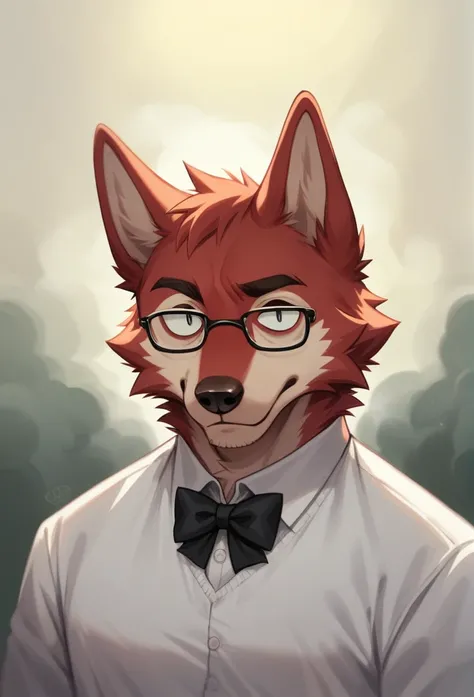 (Masterpiece, Best Quality), , intricate details, bionde, move, wavy fur, looking at the viewer, Upper part of the body, School, FOG, uniforme de School. anthro, furry,  ，wear glasses, male wolf, Bright Eyes,eyes are green，With black bow，White belly，The ti...