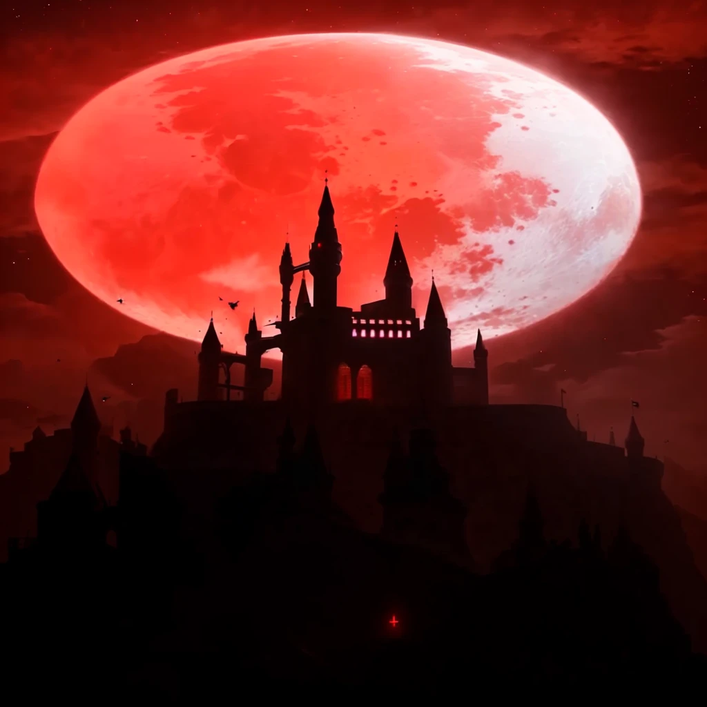 there is a castle in the middle of a red sky, blood Moon background, shadowy castle background, blood Moon, during a blood Moon, praise the blood Moon, dark castle background, in a castle on an alien planet, blood Red Moon, full blood Moon, inspired by Cas...