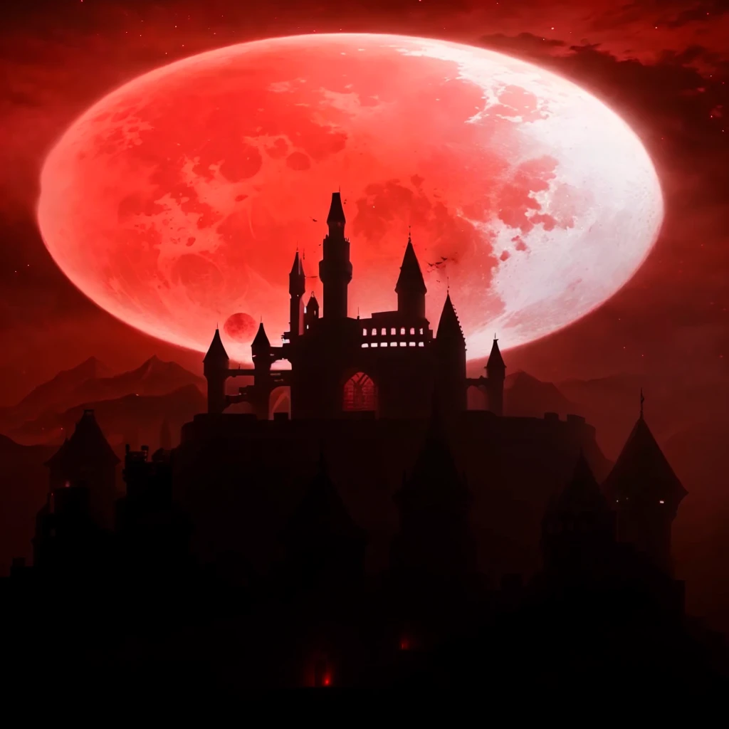 there is a castle in the middle of a red sky, blood Moon background, shadowy castle background, blood Moon, during a blood Moon, praise the blood Moon, dark castle background, in a castle on an alien planet, blood Red Moon, full blood Moon, inspired by Cas...