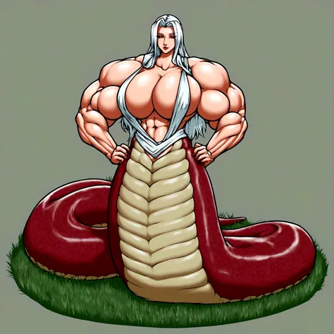 Lamia, long white hair, gigantic muscle, erect penis, big breasts, 4 arms, full body.