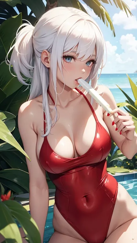 white hair woman, wearing red swimsuit, sucking a popsicle, 