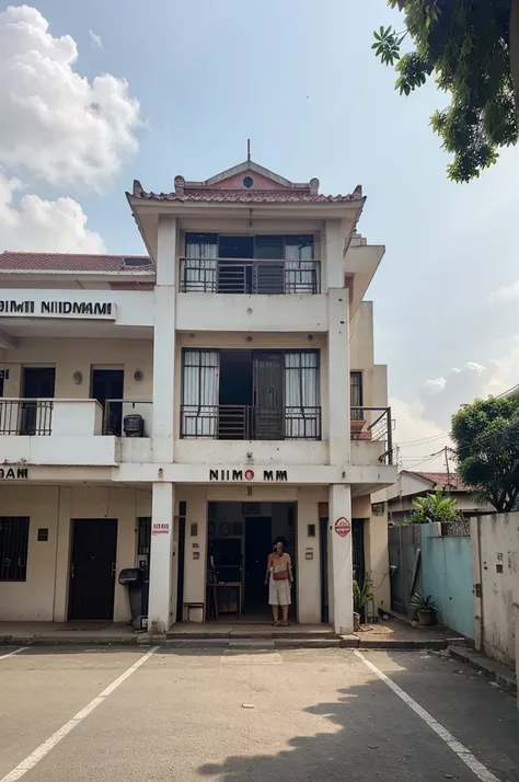 A building name radio nirom. In south Bandung, with working activities outside the building near heartshape pool at front of the building. 