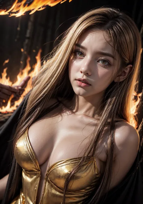 It is (realistic fantasy) el arte withtiene brasas, real flames, real heat, and realistic fire. Generate a masterpiece artwork of a  female fire druid with large (((orange and gold))) eyes. The fire druid is awe-inspiring with beautiful ((Realistic burning...