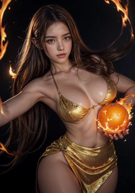 It is (realistic fantasy) el arte withtiene brasas, real flames, real heat, and realistic fire. Generate a masterpiece artwork of a  female fire druid with large (((orange and gold))) eyes. The fire druid is awe-inspiring with beautiful ((Realistic burning...