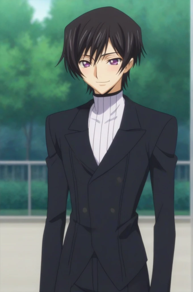 score_9, score_8_up, score_7_up, source_anime, rating_safe, intricate details, anime screencap, , , looking at viewer, depth of field, 1boy, solo, male focus, lelouch_lamperouge, black hair, purple eyes, smile, blush, cute, black suit costume, park, night,