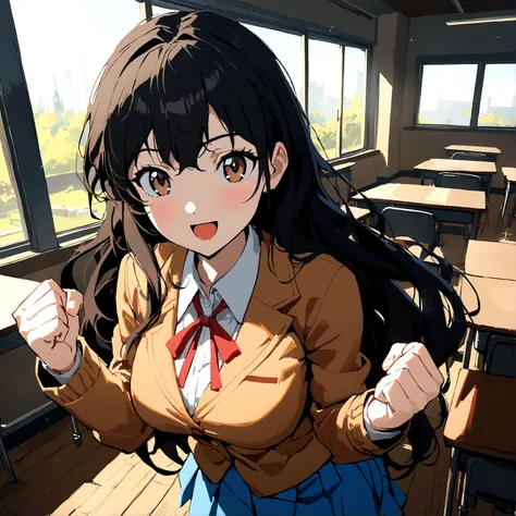 2d, masterpiece, best quality, anime, highly details, 1girl, solo, dokie doki literature club artsyle, brown eyes, black hair, long hair, red bow, , blazer, brown sweater, collared shirt, neck ribbon, blue skirt, standing, clenched hands, :d, classroom