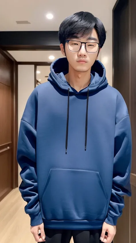 21 year old Shanghai boy, he is ((oversized xxl blue plain hoodie)), wearing black Trousers, wearing sneakers, wearing glasses, night club, fully body, (he is 한국 머리카락입니다) k pop style