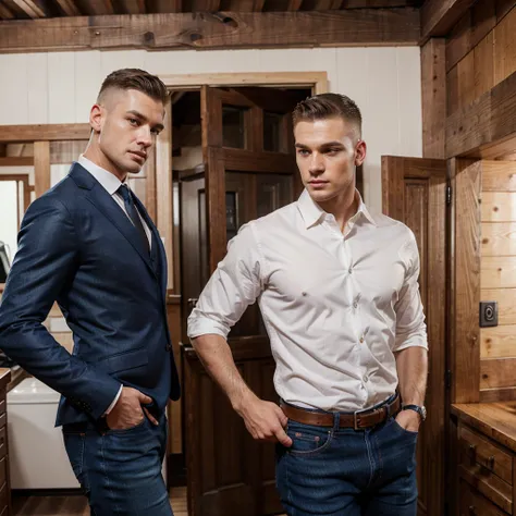 white man walking in a cabin, Perfect face, formal and stylized clothing, well dressed, in formal clothes, raphael personnaz, wear jeans, photo on the head in profile, wear a formal, business shave hair, short hair, caucasian white, 20 years