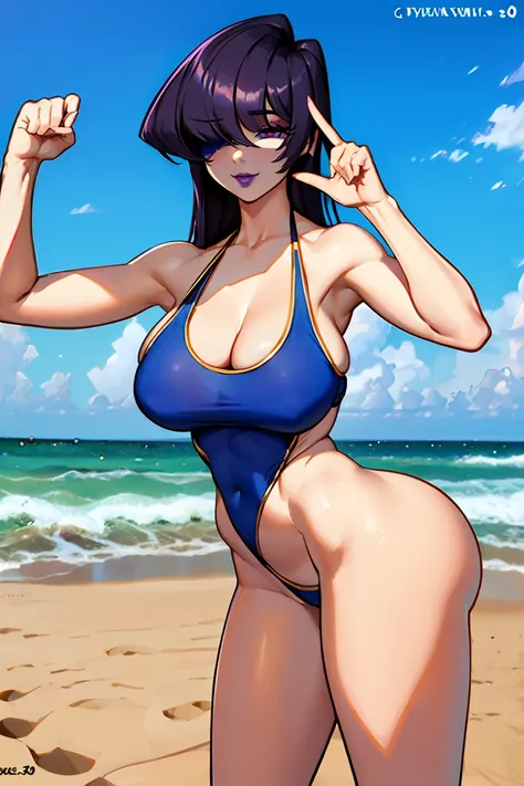 Komi san, komi san stile, She is standing in front posing with her legs open, wearing a gold bikini. Big tits. Big ass, he covers his eyes with his left hand, With his right hand he is making the peace symbol. ((Big breasts 3.0)) ((very big ass 3.0)) dark ...