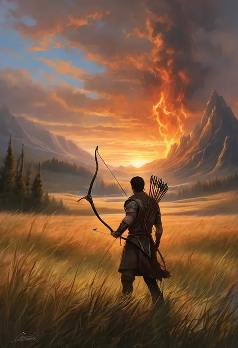 An archer stands on a vast grassland, pulling the bowstring taut, preparing to release an arrow engulfed in flames. The background can depict a sunset sky, majestic mountains, or a mysterious forest, creating an atmosphere of battle and fantasy.Power, dete...