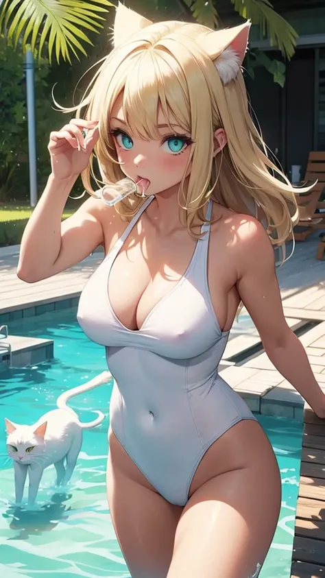 Woman and cat hybrid, with white swimsuit, greeneyes, and blonde hair, drinking milk, and running down your mouth 