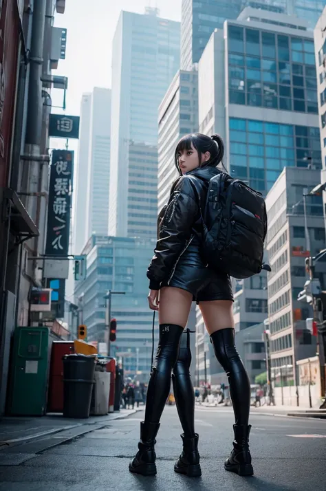 Anime girl in shorts and jacket standing next to a giant robot, artwork in the style of Gwaiz, Cyberpunk Anime Girl Mecha, Trending on cgstation, Gwaiz, By Russell Dongjun Lu, Digital Cyberpunk Anime Art, Lostrun 8k, Gwaiz on artstation pixiv, Girl wearing...