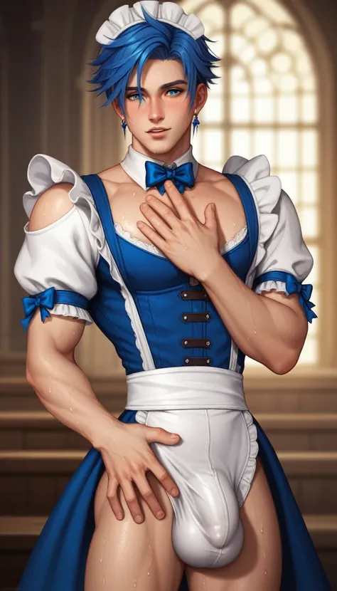 best quality, masterpiece, final fantasy 8, cosplay, squall leonhart, seifer almasy, medieval maid outfit, blue hair, sexy, gay, homoerotic, big bulge, visible penis line, best view, perfect fingers, sweaty bodies, no watermark, no logo, no signature