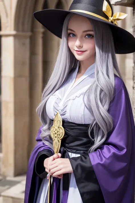 Elaina_(May_no_gossip), amazing, masterpiece, 4K,, One girl, feminine, beautiful, cup, Grey Hair, Big magic hat + Top is black、Inside is purple, blue eyes, White shirt, Yellow ribbon, Black Robe,, cute, View your viewers, smile, Magical girl, Background Me...