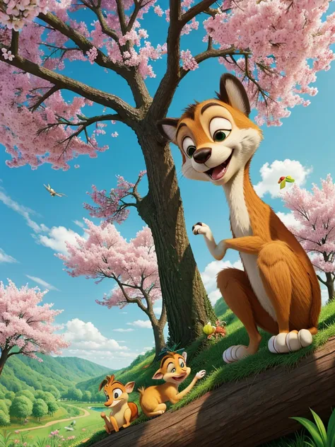 Cartoon timon and bumba thick greeny forest , spring season , pink beautiful tree