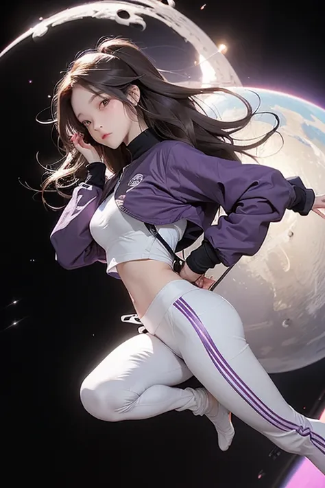 beautiful girl, 20 years old, Brown long hair, Space Helmet, Purple sports jacket, White movement, Black yoga pants, Forged , cleveage, Put your hands behind your head, Running posture, From the angle from below, Outer space background, Full body photograp...