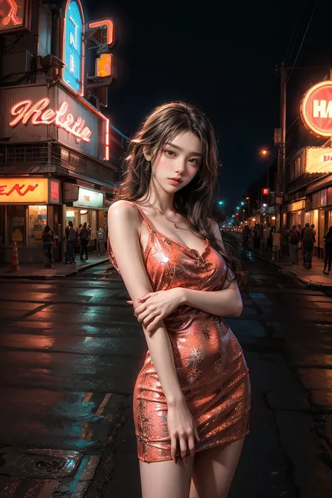 ((masterpiece, best quality, Best image quality, high resolution, realistic, raw photo, 8K)), Araped view of motel with cars parked in front, with neon sign, Woman waiting for guests in front of motel, Temptation, short dress and high heels, route 66, neon...