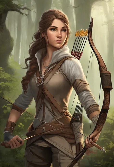 The third character is a young archer named Lyra. She is a skilled hunter and tracker, and she uses her bow and arrow to survive in the wild. She wears light gray and light brown clothing and has a calm and patient demeanor. She is searching for her lost f...