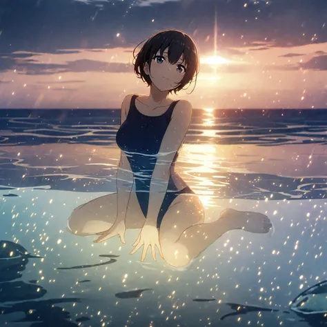 1girl、Black Hair、Navy blue swimsuit、Ocean、Oceanに浸かる、evening、Reflection on the water、deep faint light 、 detailed CG、high resolution