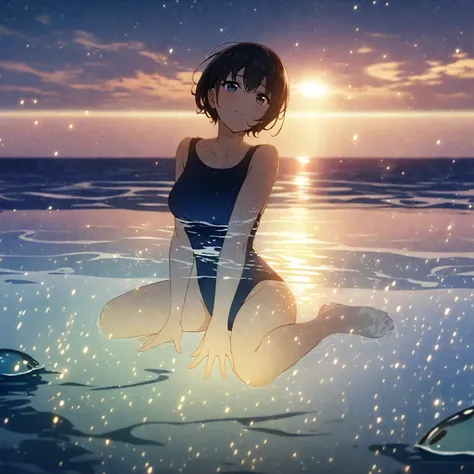 1girl、Black Hair、Navy blue swimsuit、Ocean、Oceanに浸かる、evening、Reflection on the water、deep faint light 、 detailed CG、high resolution