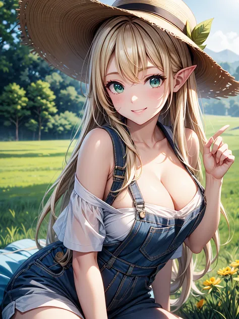 a large wheat field, Summer sunshine, Sitting in the back of the truck, Elf Woman, Long blonde hair, Green Eyes, Wear a straw hat, Overalls, White sports bra, Big Breasts, Cleavage, Sweat, Smiling Kindly , Top Angle, masterpiece, High resolution