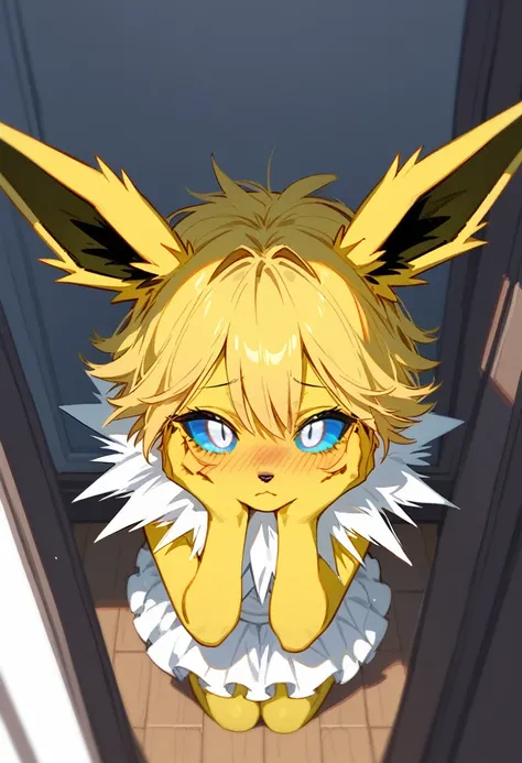 alone, score_9,score_8_above,score_7_above, a female antro jolteon, calvo, blue sclera, white eyes, with yellow blouse, ruffled skirt, inside, shy pose, hands to his face