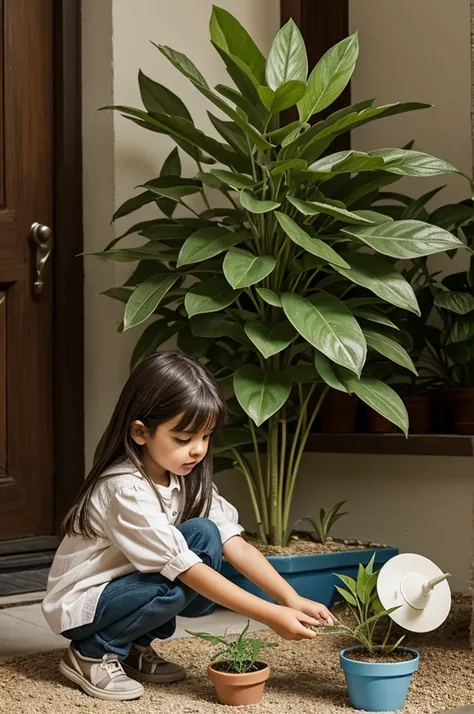 Create a 2D image, a vignette that has READY written and a girl seeing if the plant is planted.