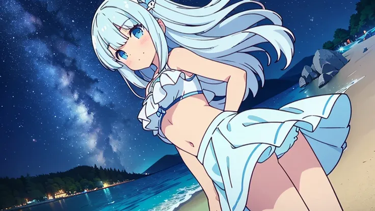 A nice white shirt that lets you see. 、Light blue flared skirt with ruffles、She lifts her skirt with both hands to show off her pretty white underwear.、Cute white underwear visible when you lift your skirt.、sandy beach, beautiful sea, night and starry sky ...