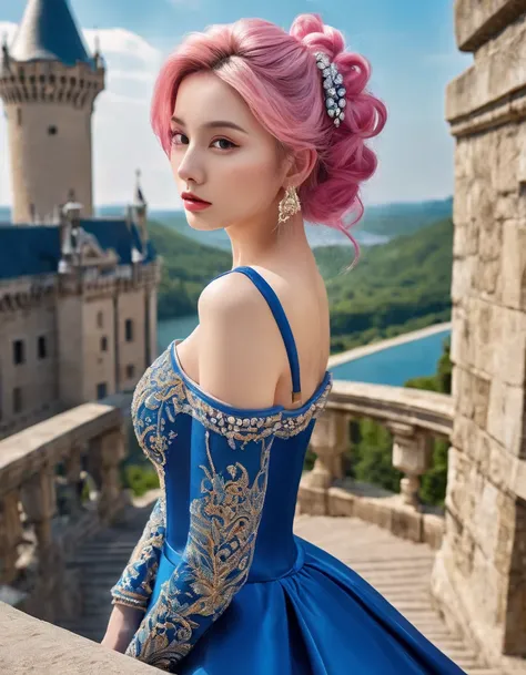 beautifull woamn with pink hair ((masterpiece, Highest quality, Best image quality, High resolution, Realistic, RAW Photos, 8K)), Woman in sapphire blue and gold marine, dress, (Long pink hair, hair tied back, Jeweled wig, Long gloves, Glass Slipper, Bare ...