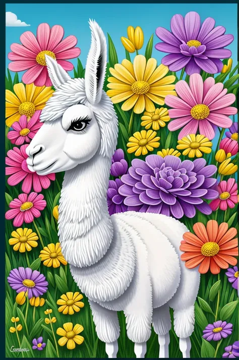 Cartoon of a llama with super germosa flowers with many colors for cards 
