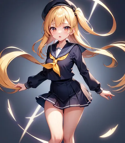 (Sailor suit),(((Navy Mini Skirt))),Revealing clothing,In a naughty way,beret,,Cute little loli,Tiny Lori,Small girl,,Childish face, Very fine clean face,Top quality, Big eyes,Straight Hair,Yellow hair,Crimson Eye,(Dark Room), Subtle light, Natural light,S...