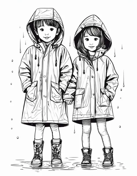 Girl and boy in cute raincoat, white background, line drawing illustration