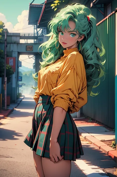 Volume hair, soft hair, emerald green hair and pink inner color, wavy hair, gradation hair, green hair, side braids, wavy hair, two side up, cloud hair, emerald green eyes, high school girl, Cheerful and active, blonde clip, loose socks, plaid skirt, holdi...