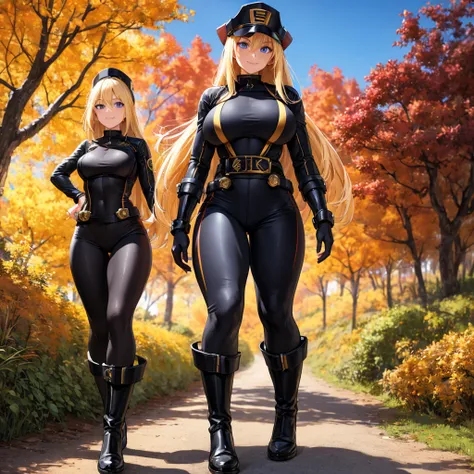 A woman wearing a black ranger uniform with gold details, ranger hat, blonde hair, long hair, blue eyes, smiling, black boots, big breasts, walking on a dirt road, orange trees, autumn weather, in a forest , daytime location, forest climate.. UHD , prime w...