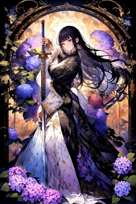 vibrant and colorful illustration,high quality, 8K Ultra HD,Illustrations drawn with colorful, flashy, precise and delicate touches.Fantastic atmosphere. A Beautifu femalel Swordsman with black hair and bangs in a black-and-white lace dress is fighting .sh...