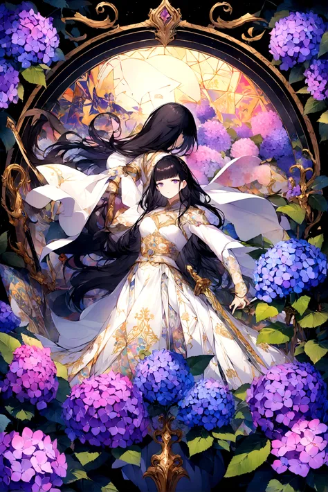 vibrant and colorful illustration,high quality, 8K Ultra HD,Illustrations drawn with colorful, flashy, precise and delicate touches.Fantastic atmosphere. A Beautifu femalel Swordsman with black hair and bangs in a black-and-white lace dress is fighting .sh...