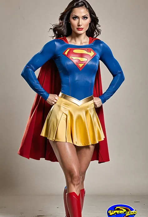 female, slim super woman, comic book, super hero, superman logo on cheat, blue and red super hero outfit, yellow skirt, strong l...