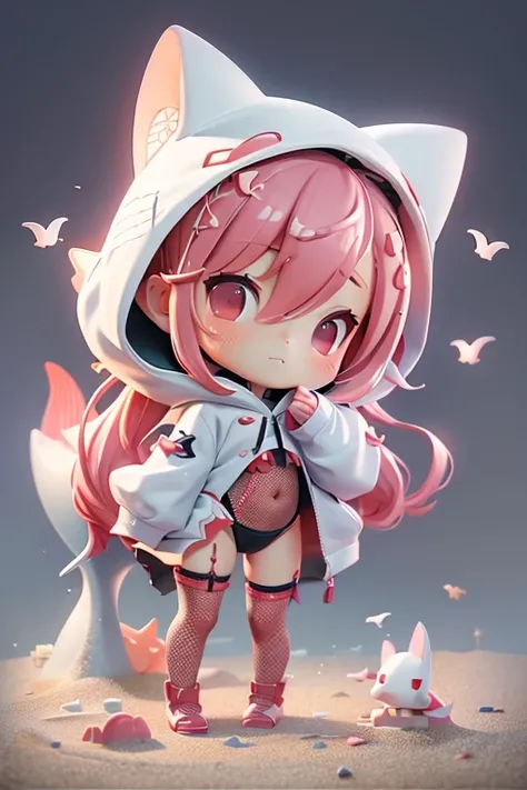 High quality、plastican00d、Bright atmosphere、Realistic Light、Red spotlight from above、pretty girl、Grey leotard、Fishnet tights、Pink Hair、garter belt、Two-headed appearance、Doll、Chibi、plastic、、Straight Hair、Shark head hoodie、Beach、Sandy Beach、、Shark teeth、full...