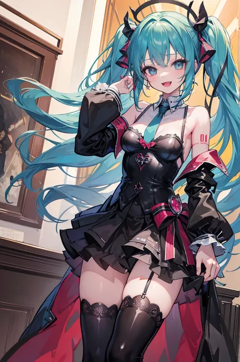 Highly detailed and realistic CG, Colorful, Masterpiece, Best Quality, magnificent, jewel-like eyes, 1girl, solo, loli, , cute girl, Hatsune Miku, wavy hair, gothic , black clothes, smile, standing, hand on hair, gothic ribbon, ribbon tie, classroom, small...