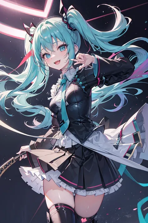 Highly detailed and realistic CG, Colorful, Masterpiece, Best Quality, magnificent, jewel-like eyes, 1girl, solo, loli, , cute girl, Hatsune Miku, wavy hair, gothic , black clothes, smile, standing, hand on hair, gothic ribbon, ribbon tie, classroom, small...