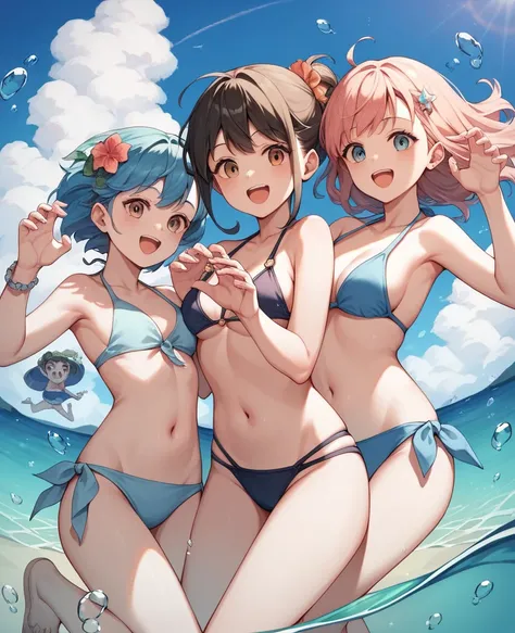 Highest quality, Very detailed, masterpiece, anime,Highest quality,Japanese ,THREE Girls,Swimwear,bikini,Beach,Dynamic pose,Open your mouth,smile,Transparent haori,Browsing Caution,Underwater photography,Hug Pose,Modest chest